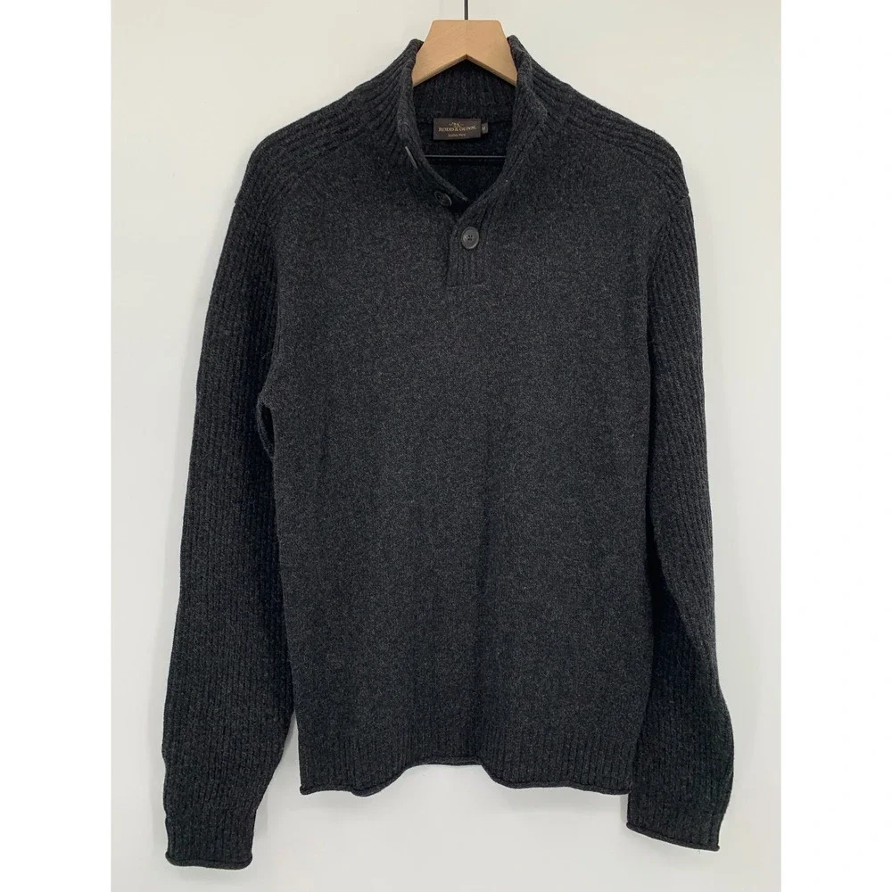 Rodd & Gunn Sweater Mens Medium Charcoal Grey Wool Button Mock Neck Knit